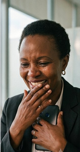A mother smiling with relief as she reads the arrival SMS on her phone